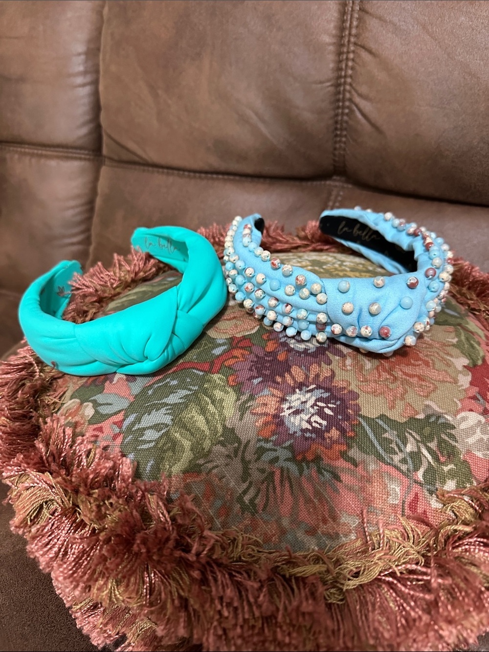 La Belle Turquoise Knotted and Pearl-Embellished Headband Duo